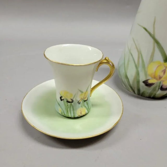 Canary Yellow Art Nouveau French Limoges Chocolate Set With Iris For Sale - Image 8 of 12