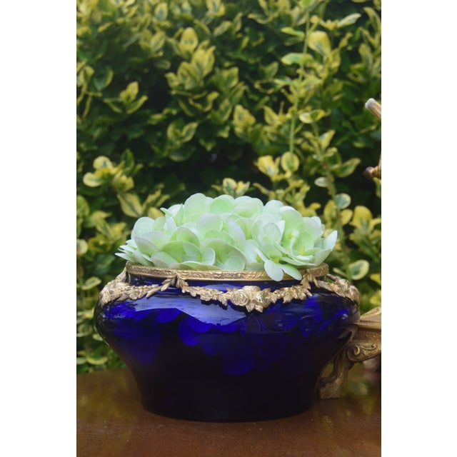French Antique French Cobalt Blue Glass Jardinière With Gilt Bronze Floral Garland Mounts For Sale - Image 3 of 3