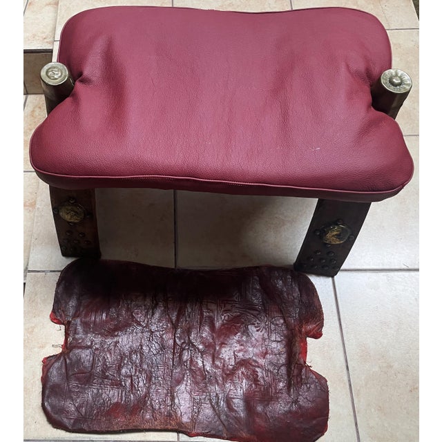 Antique Egyptian Ottoman with Brass Ornamentation and Leather, 1920s For Sale - Image 10 of 18