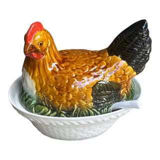1970s Majolica Style Hen Tureen With Ladle For Sale