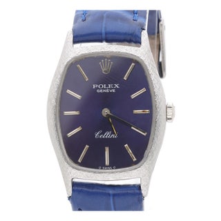 Vintage Rolex Cellini Geneve 23mm 18k White Gold Blue Dial Ladies Manual Watch For Sale