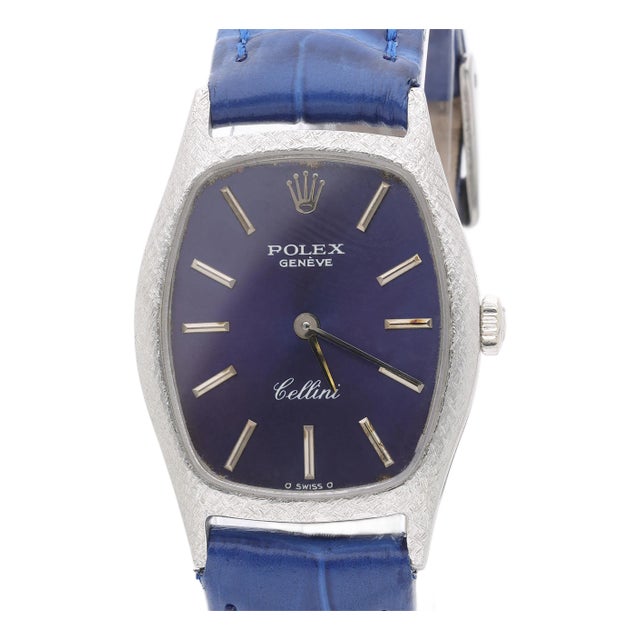 Vintage Rolex Cellini Geneve 23mm 18k White Gold Blue Dial Ladies Manual Watch For Sale