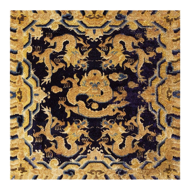 1890s Black Dragon Medallion Antique Chinese Ningxia Rug 2' 6'' X 2' 6'' Handknotted Wool Carpet For Sale
