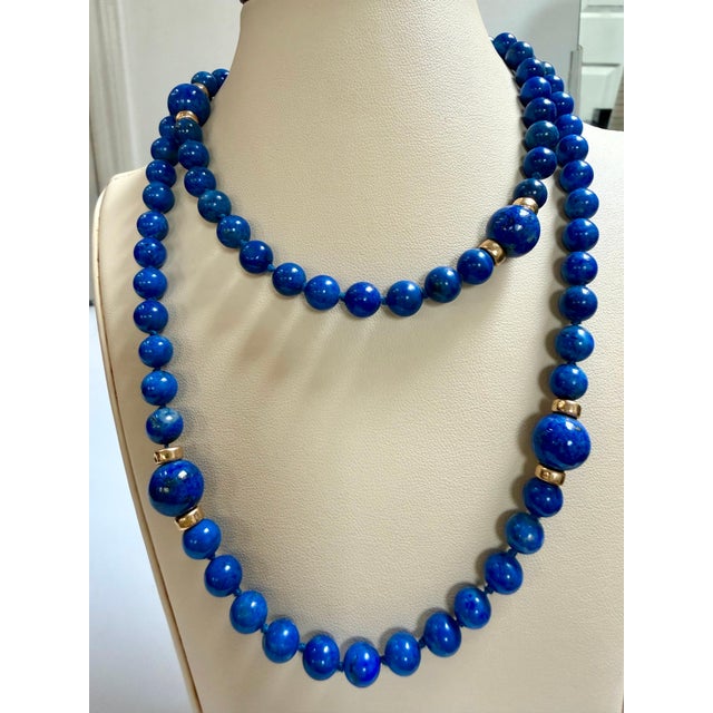 Blue Lapis Lazuli Single Strand Necklace 14 Kt Roundel Yellow Gold , 32 Inch For Sale - Image 8 of 8