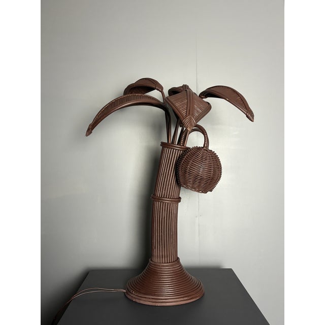 Brown Pencil Reed Rattan Palm Tree Table Lamp in the style of Mario Lopez Torres, 1970s For Sale - Image 8 of 17
