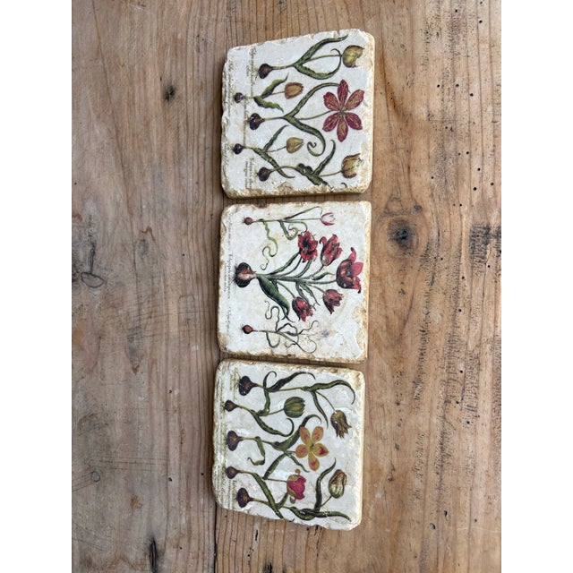 Late 20th Century Verta Botanical Tulip Travertine Stone Coasters – Set of 3 For Sale In Seattle - Image 6 of 11