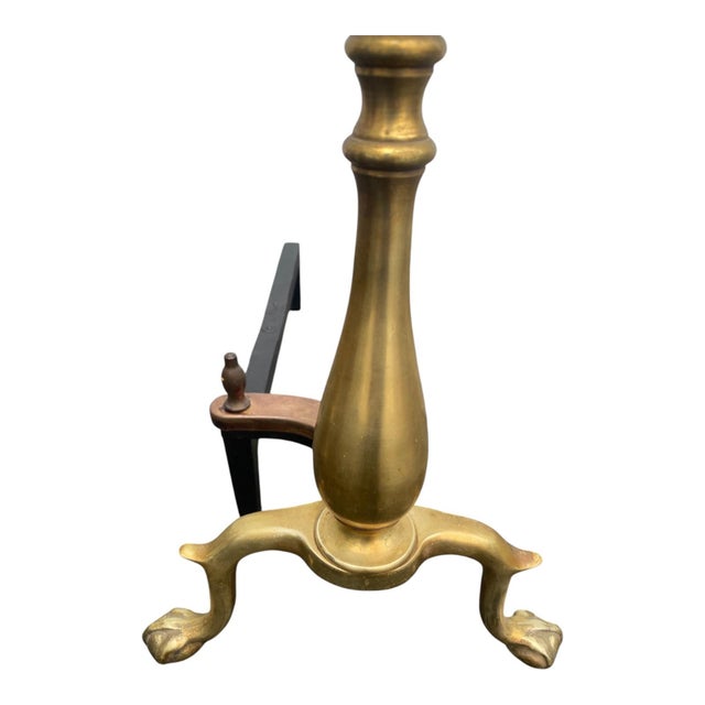 Pair 1920s Vintage Brass Andirons Chippendale Claw Ball Feet Fireplace For Sale - Image 12 of 18