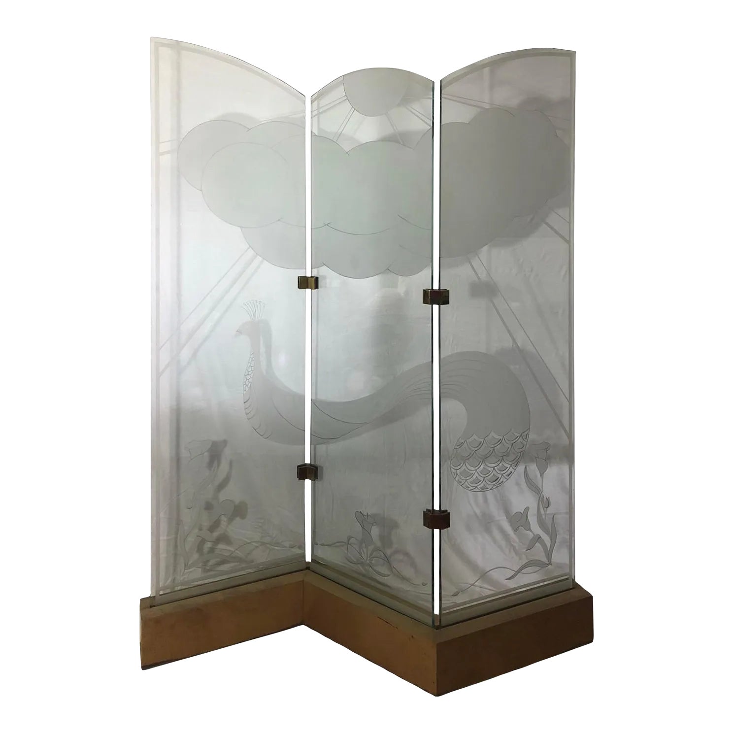 Gallery Detail: 1980 S Etched Glass Lighted 3 Panel Peacock Room Divider