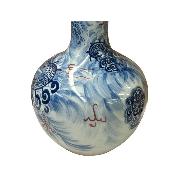 Oriental Blue Red Dragon Graphic Fat Body White Porcelain Art Vase For Sale - Image 14 of 17