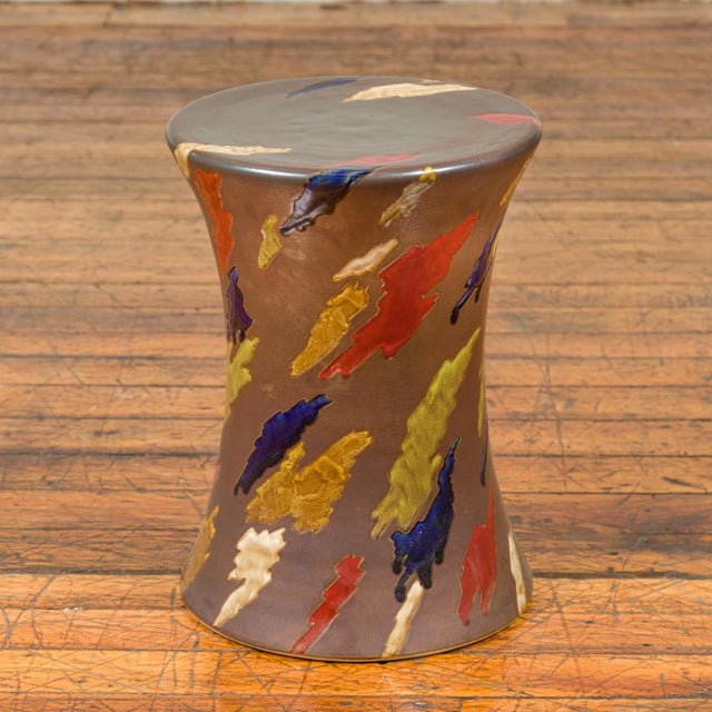 Brown Contemporary Chinese Artisan Glazed & Hand Painted Curving Garden Seat For Sale - Image 8 of 10