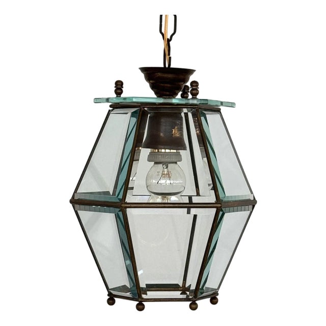 Italian Brass and Cut Glass Pendant Lamp, 1960s For Sale