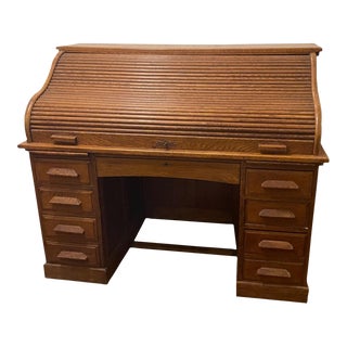 1900s Antique Solid Oak Rolltop Desk For Sale