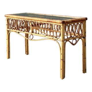 Vintage Italian Loop Rattan Console Table For Sale