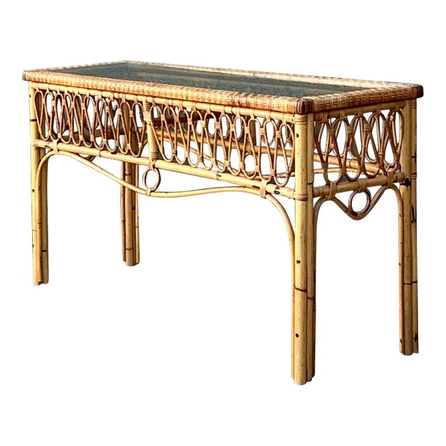 Vintage Italian Loop Rattan Console Table For Sale