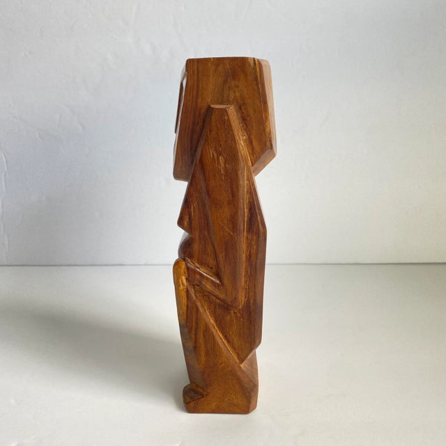 Vintage Hand Carved Wood Statue Palau Micronesia Squatting Figure Mother of Pearl Eyes Tiki Style For Sale - Image 6 of 9