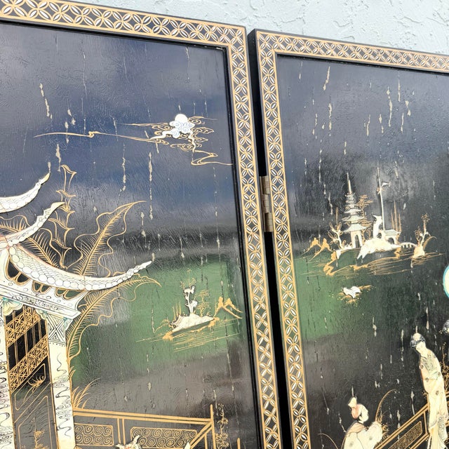 Wood Chinese Hand Painted and Mother of Pearl Room Divider/Screen - 4 Panels For Sale - Image 7 of 12