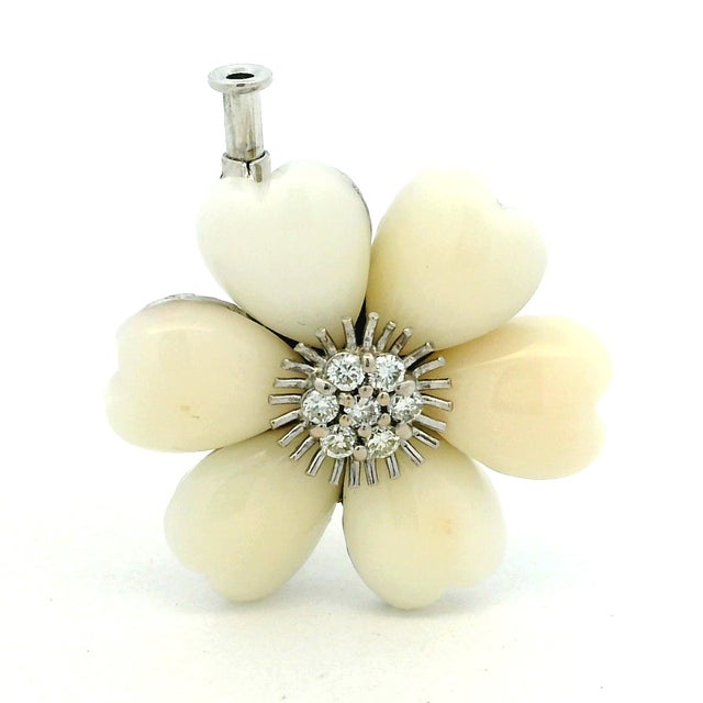 Antique White Vintage Italian 18k White Gold Mother-of-Pearl Diamond Flower Brooch, 1970s For Sale - Image 8 of 16