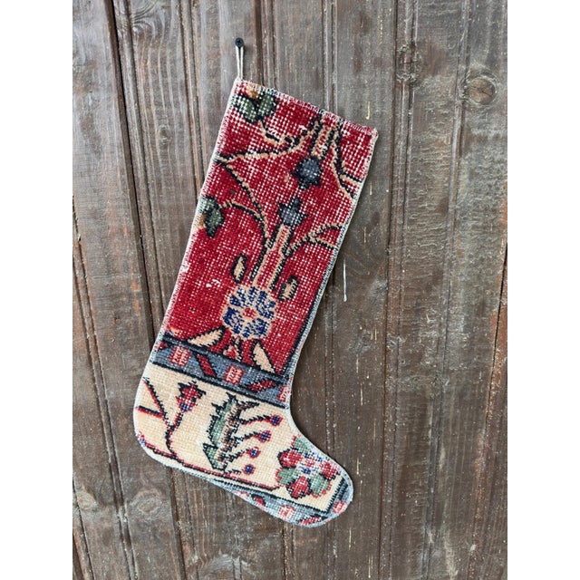 Vintage Turkish Rug Christmas Stocking, Bohemian Red Floral, Cream Blue ...