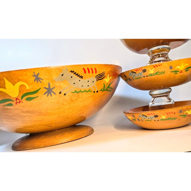 Brown Hand Lathed Folk Art Salad Set- Set of Seven For Sale - Image 8 of 12