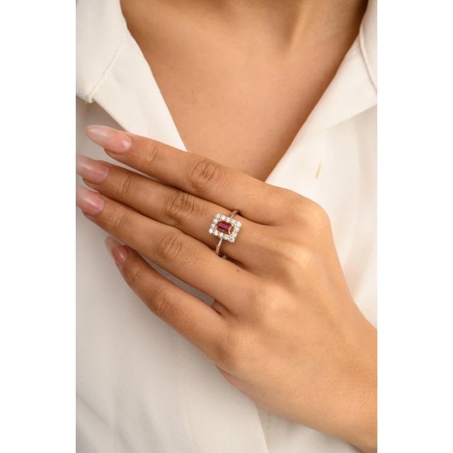 Modern Style 14k White Gold Ruby Diamond Halo Birthstone Ring Size 7 For Sale In New York - Image 6 of 14