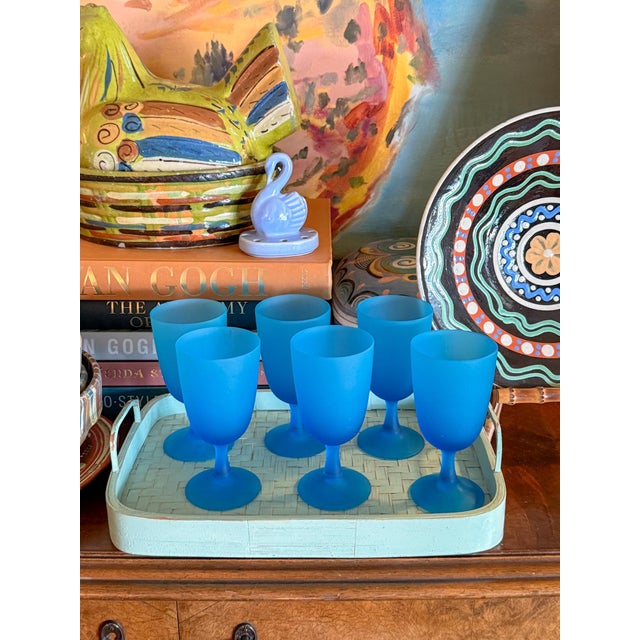 Blue 1960s Carlo Moretti Italy Satinato Frosted Blue Glasses - Set of 6 For Sale - Image 8 of 10