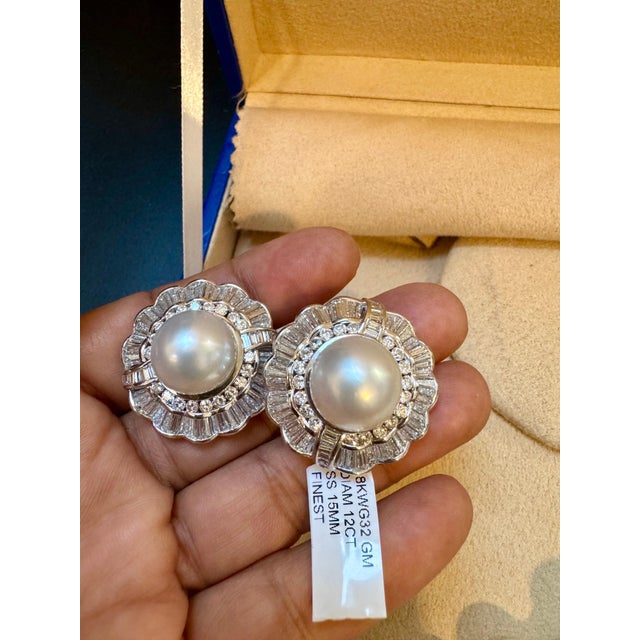 White South Sea Pearl with 12 Carat Diamond Cocktail Earrings 18 Karat Gold For Sale - Image 13 of 18