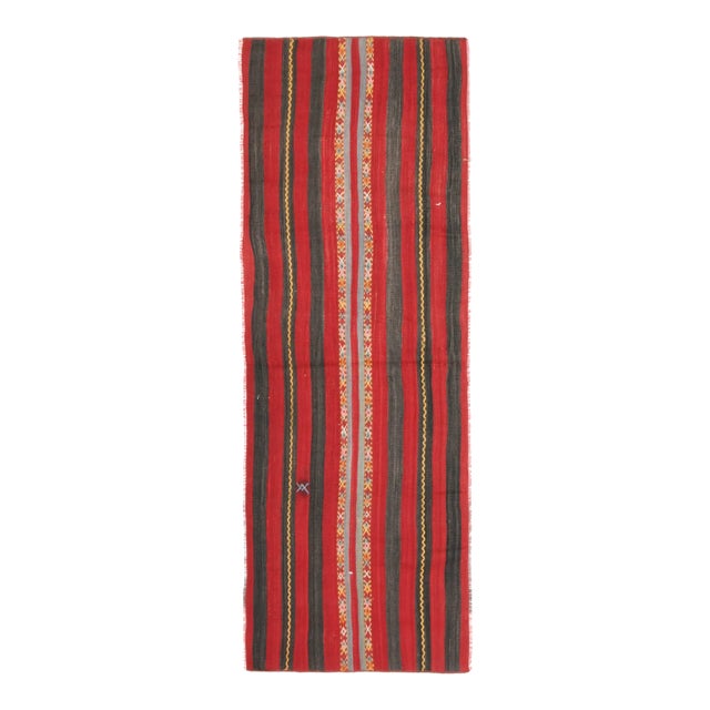 Vintage Turkish Oushak Handmade Wool Cotton Black Red Runner Rug For Sale