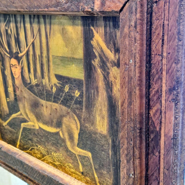 Mid-Century Turista Mexican Folk Art: Frida Kahlo "Wounded Deer" (1946) Lithograph on Canvas - Rustic Pine Frame For Sale In Dallas - Image 6 of 12