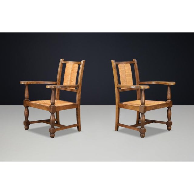 French Oak and Rush Armchairs in the style of Charles Dudouyt, France, 1940, Set of 2 For Sale - Image 9 of 11
