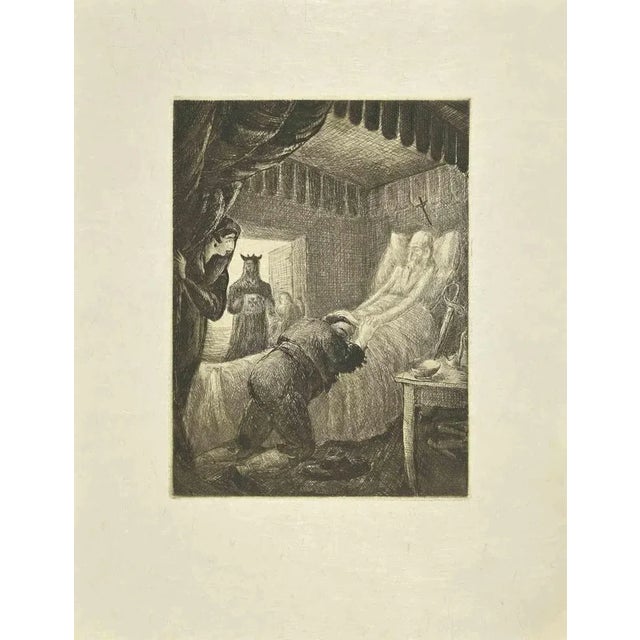 Don Quixote on his Deathbed is an etching and drypoint print on ivory-colored Japanese paper, realized by Wladyslaw Jahl...