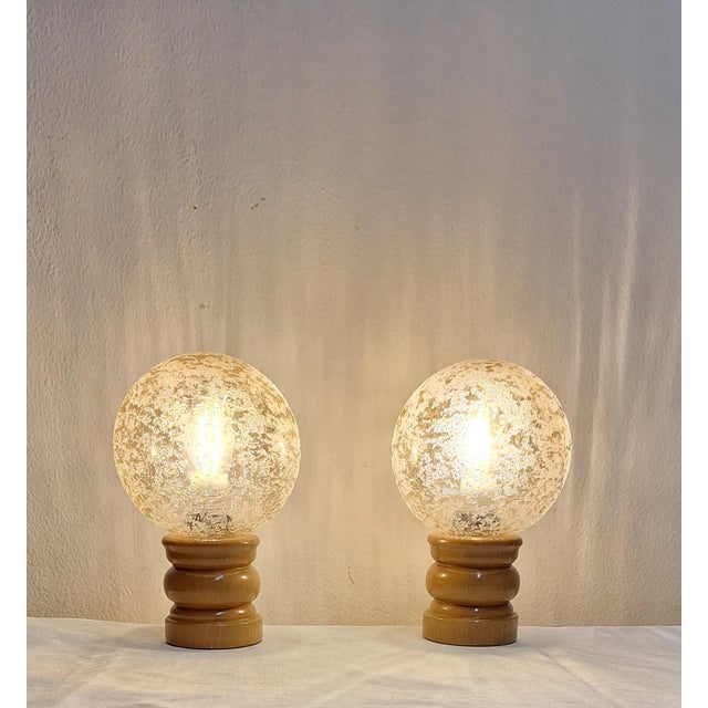 Wood Vintage Bedside Lamps with Lacquered Beech Wood Bases and Tinted Spherical Glass Shades, 1970s, Set of 2 For Sale - Image 7 of 7