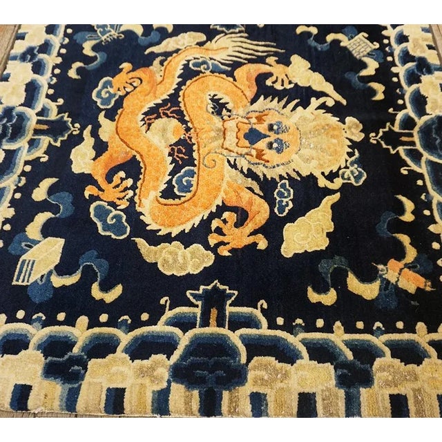 1890s Blue Navy Cloud Band Dragon Antique Chinese Ningxia Rug 3' X 3'2" Knotted Wool Carpet For Sale - Image 4 of 13
