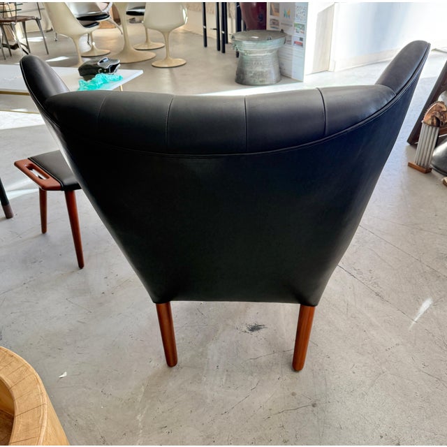 Mid 20th Century Hans Wegner A.P. Stolen Papa Bear Chair AP-19 & Ottoman Redone in Black Leather For Sale - Image 15 of 18