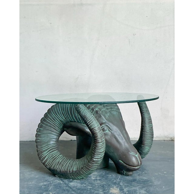 Hollywood Regency Vintage Boho Patinated Cast Resin Rams Head Table For Sale - Image 3 of 5