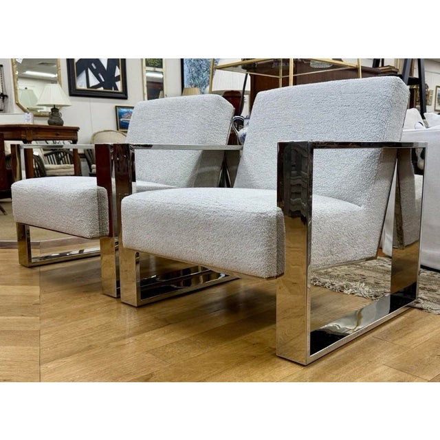 Mid-Century Modern Pair of Matching Berhardt Furniture Milo Baughman Rl Style Cantilever Chome Lounge Chairs For Sale - Image 3 of 9