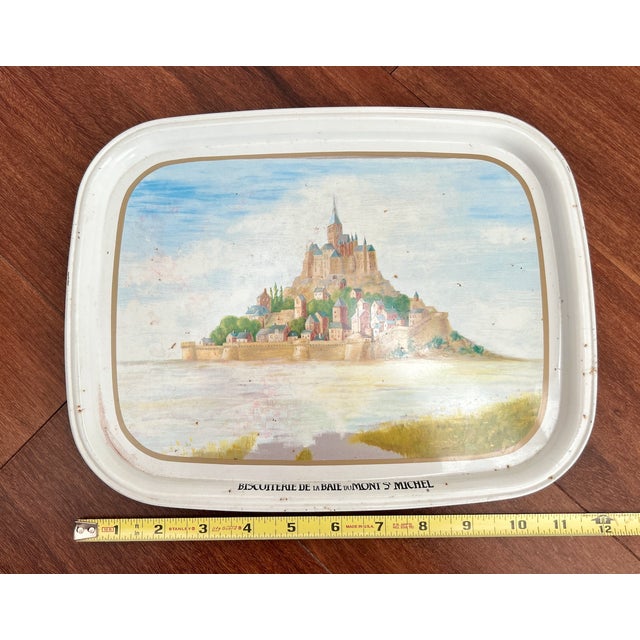 1980s 1980s Collectible Metal Serving Tray / French Advertising Tin La Biscuiterie De La Baie Du Mont Saint Michel For Sale - Image 5 of 16