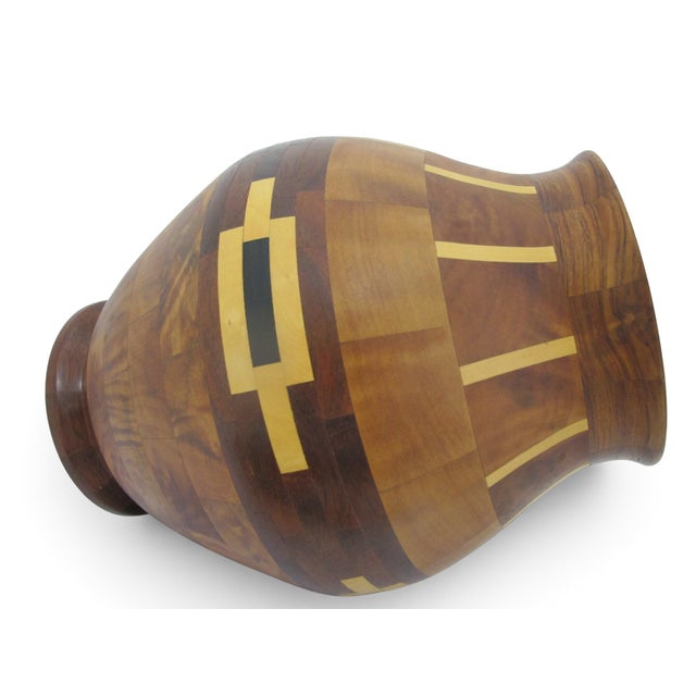 Late 20th Century Pacific Nw Hand Turned Segmented Southwest Geometric Inlaid Wood Vase For Sale - Image 5 of 11