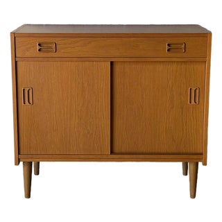 Oak Sideboard Credenza With Sliding Doors and Top Drawer Vintage Mid-Century Modern 1960s For Sale