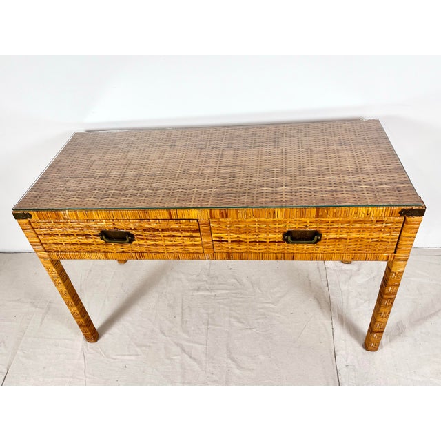 Vintage Woven Caning Wrapped Rattan Campaign Console Table Desk For Sale In Tampa - Image 6 of 12