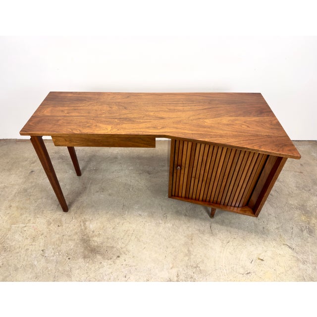 1960s Mid Century Modern Walnut Tambour Door Writing Desk & Chair Trapezoidal Top For Sale - Image 5 of 12