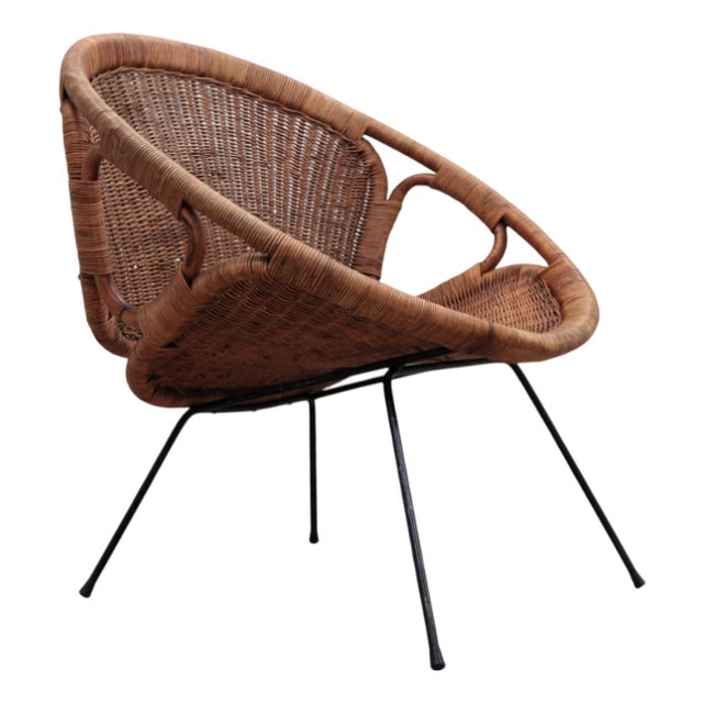 Mid-Century Modern Italian Rattan and Wicker Scoop Chair, 1950s For Sale