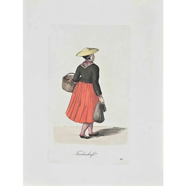 Hand-colored etching by Christoph Suhr in 1808. Belongs to the series "Der Ausruf in Hamburg dargestellt in einhundert und...