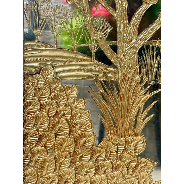 Glass Large Hollywood Regency Chinoiserie Brass Etched Mirror 53.5” X 29.5” For Sale - Image 7 of 8