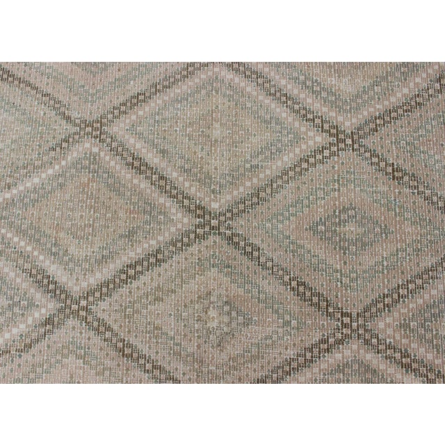 Tan Tan Green, Salmon Vintage Turkish Embroidered Rug With Geometric Diamond Design For Sale - Image 8 of 13