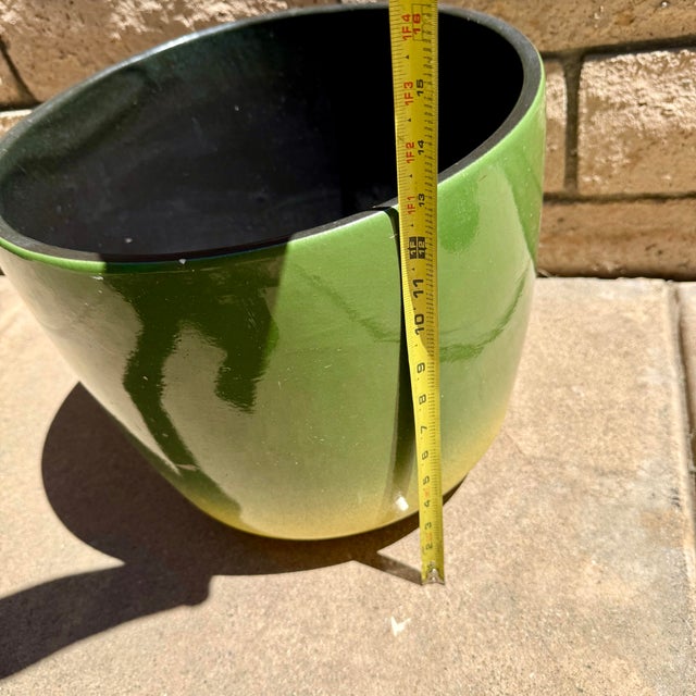 Mid-Century Modern 1970s Mid Century Modern Fun Green & Yellow Glazed Pottery Planter 14”x13” MCM For Sale - Image 3 of 8