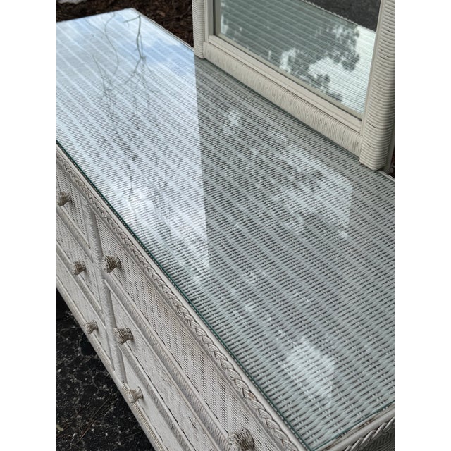 Henry Link Vintage Henry Link White Wicker Dresser With Mirror | Coastal Palm Beach Regency Bedroom Set For Sale - Image 4 of 5