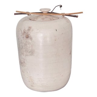 Vintage David Smyth Raku Fired White Ceramic Vessel With Lid and Natural Wood Twig Accents – 9.5” For Sale