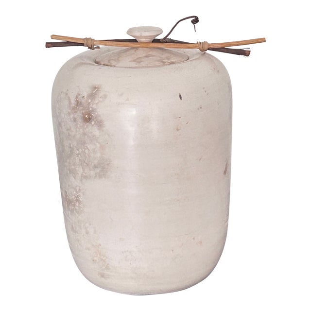 Vintage Studio Art, by David Smyth, Signed - Raku Fired White Ceramic Vessel With Lid and Natural Wood Twig Accents – 9.5” For Sale