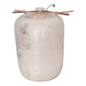 Vintage Studio Art, by David Smyth, Signed - Raku Fired White Ceramic Vessel With Lid and Natural Wood Twig Accents – 9.5”