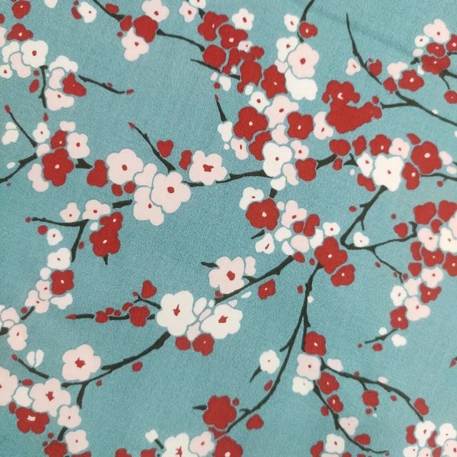 Handmade Turquoise Floral Scalloped Christmas Tree Skirt with Red Piping For Sale - Image 4 of 9